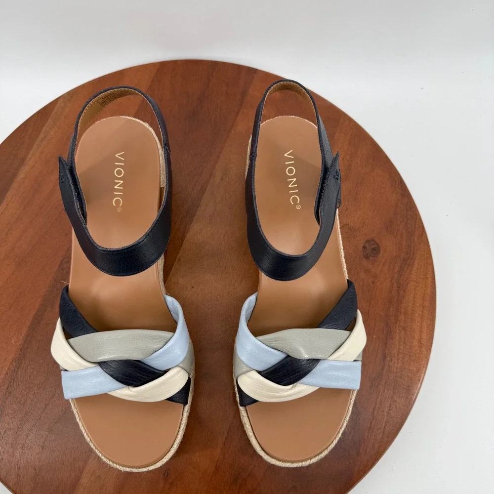 Vionic Saratoga Navy Multi Leather Espadrille Wedge Sandals Womens 11 Wide‎